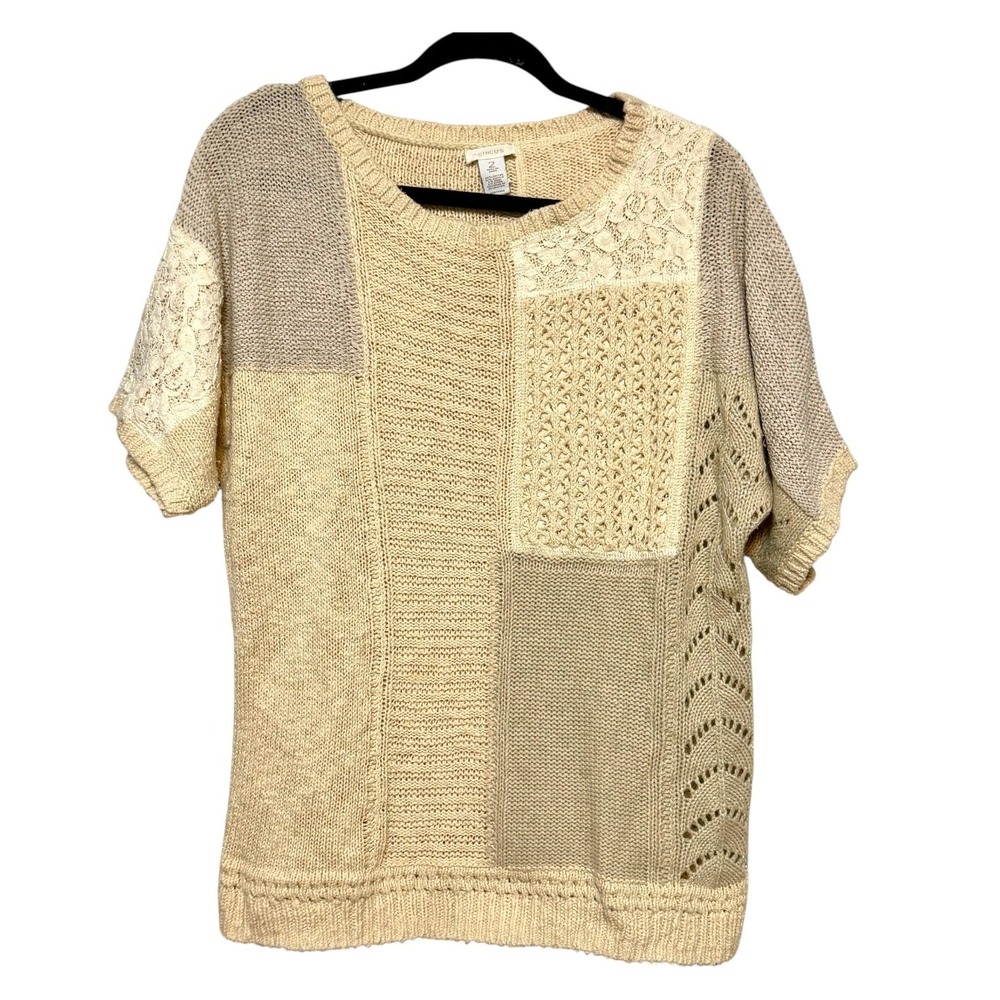 Chico's‎ Size 2 Quiet Luxury Patchwork Sweater Women L Grandmacore Coastal Chic